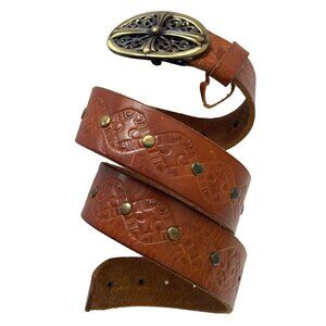 Linea Pelle Women's Belt Medium Brass Buckle Studs Tooled Leather Boho Western